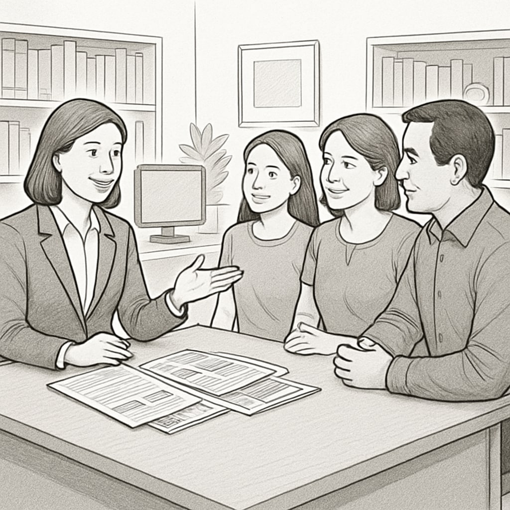A professional consultant discussing study abroad options with a family in an office setting. Study abroad agencies offering guidance for U.S. master's programs.