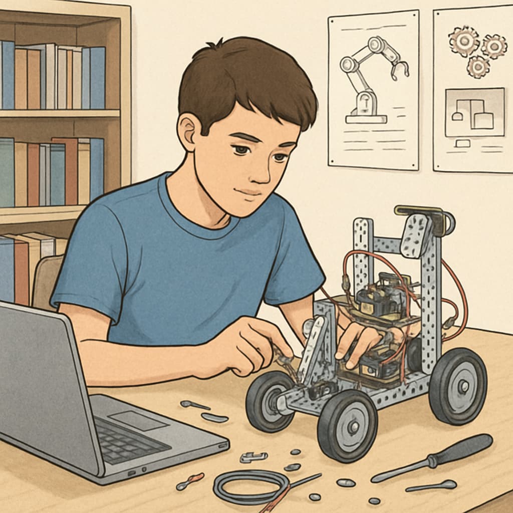 A high school student coding a robotics project, representing early exposure to engineering technology. High school student coding a robotics project, linking K-12 education to engineering skills.