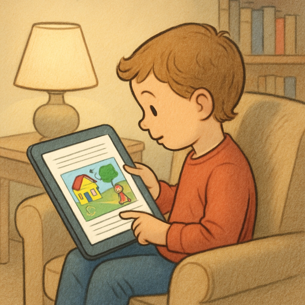A child reading a vibrant digital storybook on a tablet, representing a children's reading app.
