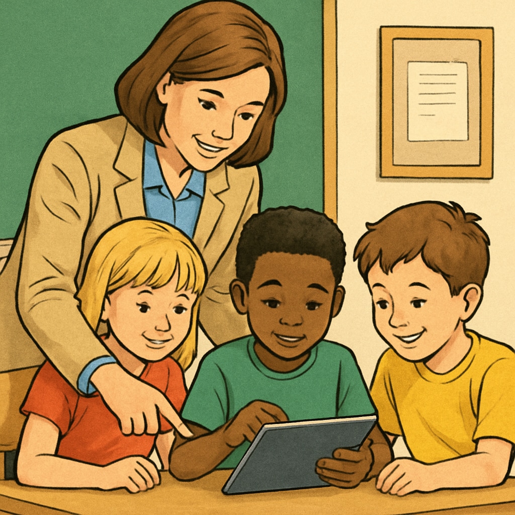 A teacher and a group of young students using a tablet in a classroom setting. Teacher testing children's reading app with students.