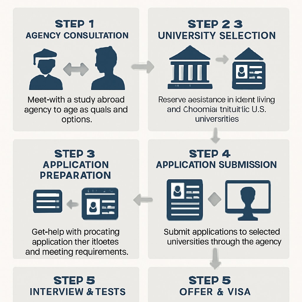 An infographic showing the step-by-step process of applying to U.S. master's programs through study abroad agencies. Visual guide to applying for U.S. master's programs via study abroad agencies.