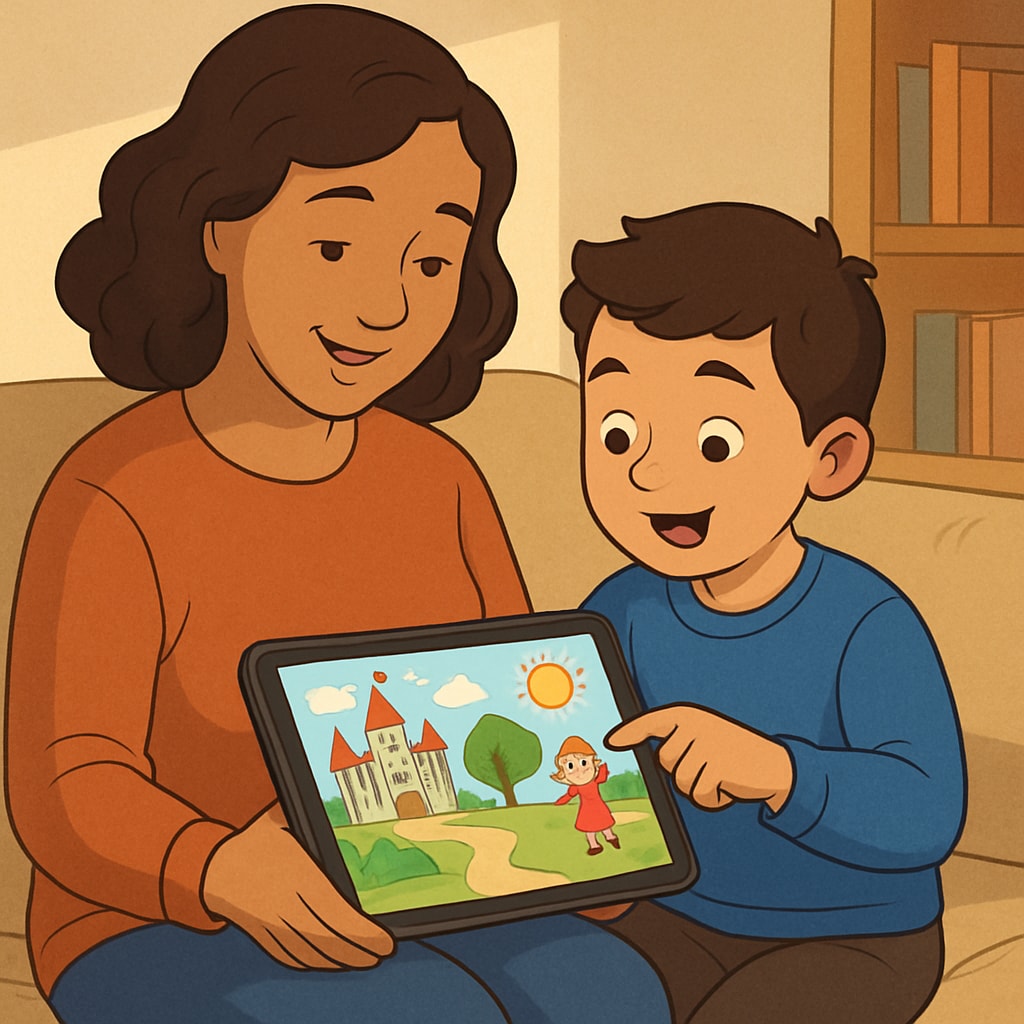 A parent and child enjoying a digital storybook on a tablet, illustrating the use of a children's storybook app.