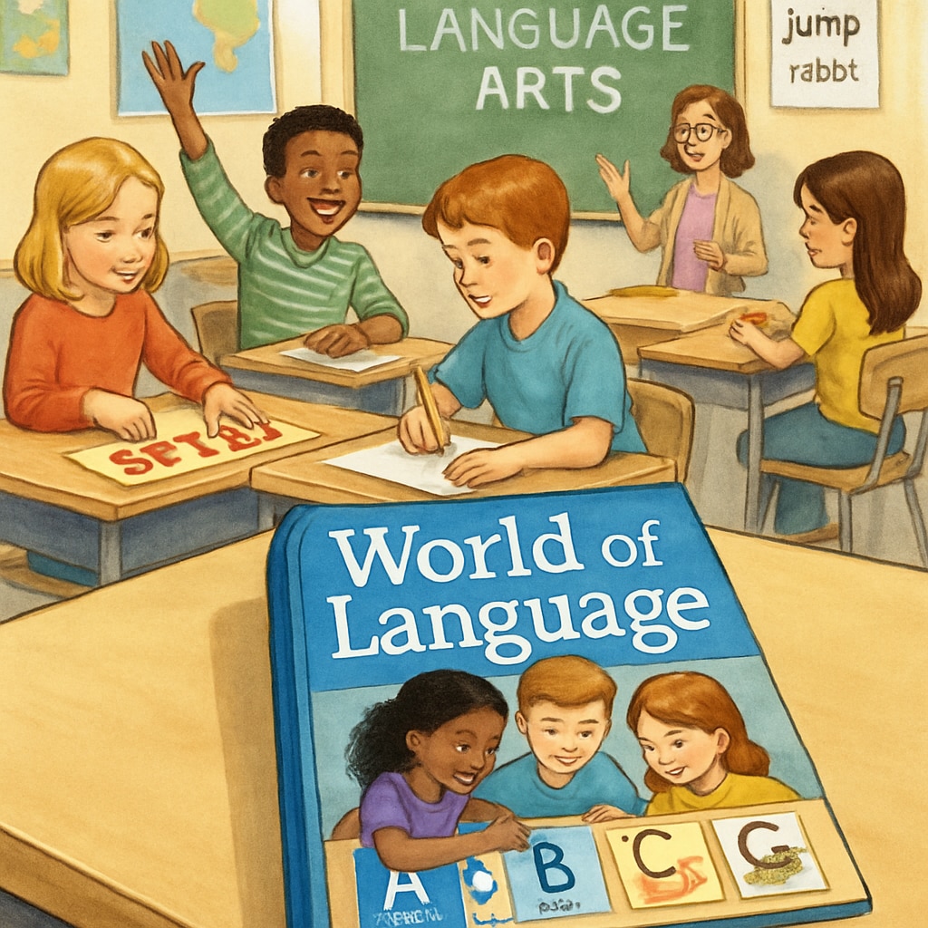 An elementary school classroom where children are actively participating in language activities, with the Elementary students using