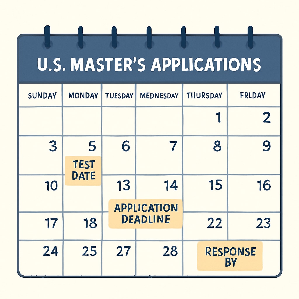 A calendar marked with key deadlines for U.S. master's applications. A calendar illustrating U.S. master’s application deadlines.