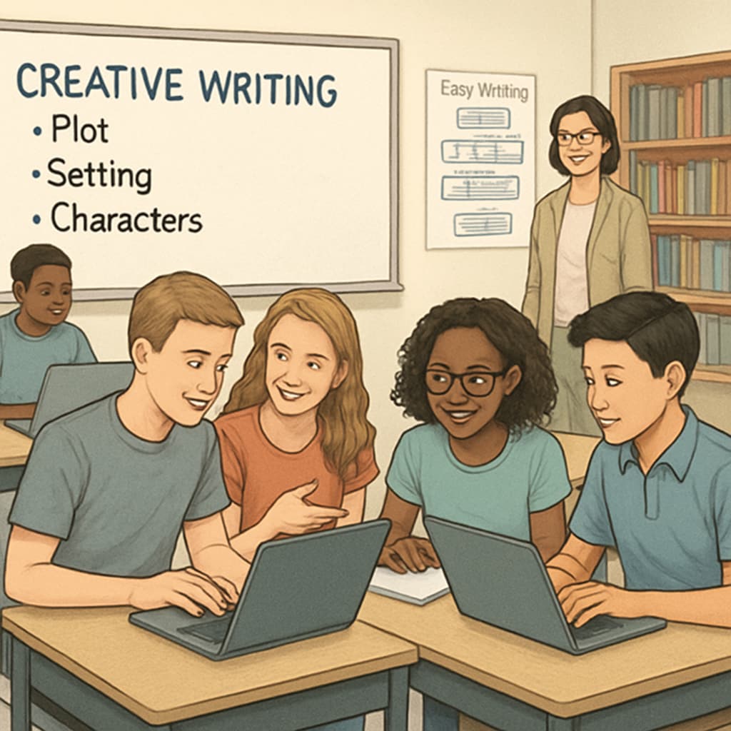 A classroom setting with high school students working on laptops and discussing movie scripts. High school students learning media literacy through AI writing prompts