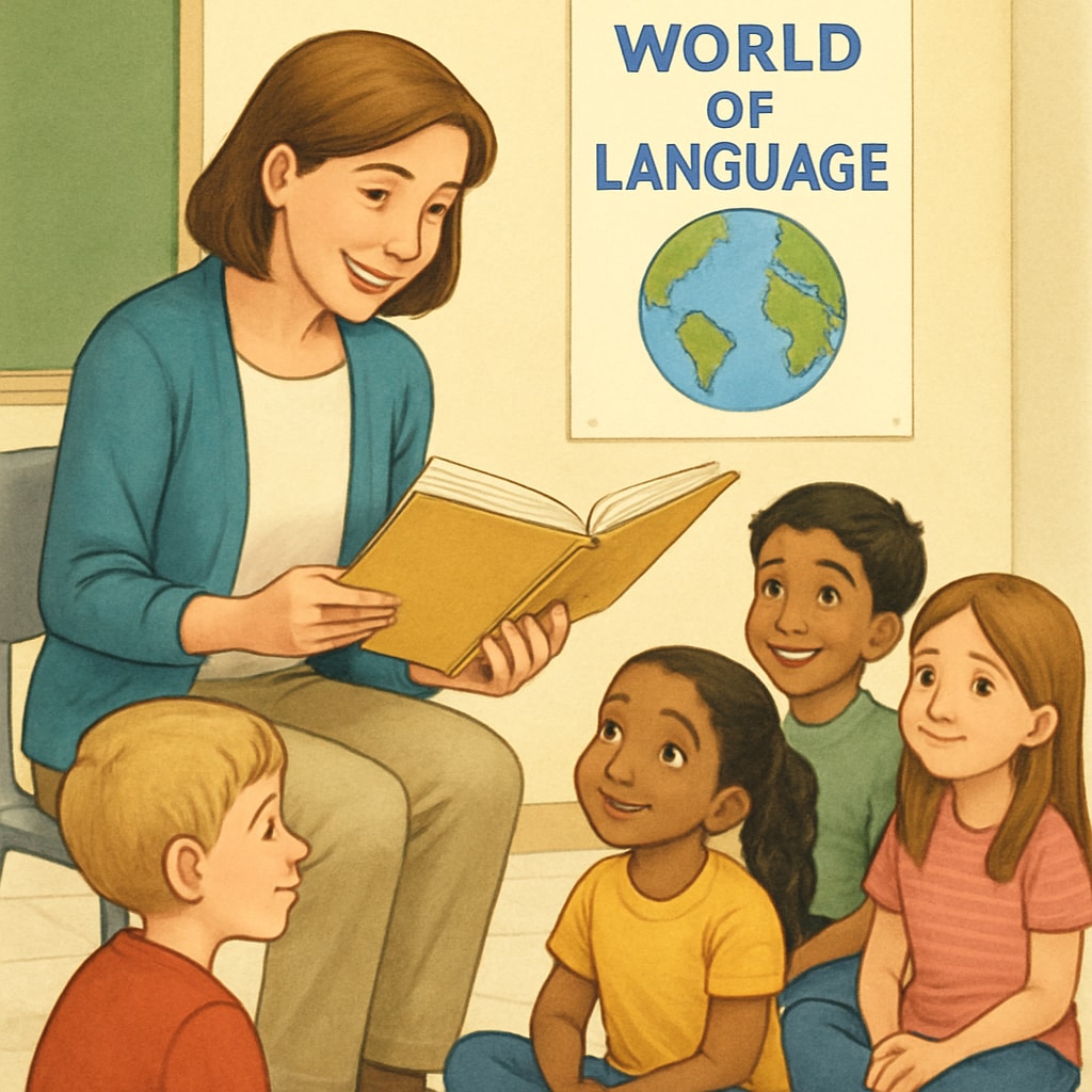 A teacher reading aloud to a group of elementary students, with a Teacher reading with