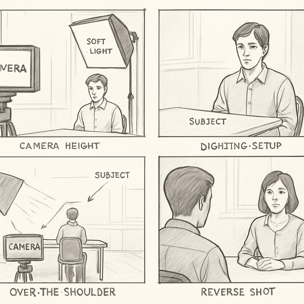 A storyboard sketch illustrating camera angles, lighting, and character positions for a film scene. Visual storytelling techniques taught through storyboarding in media classes