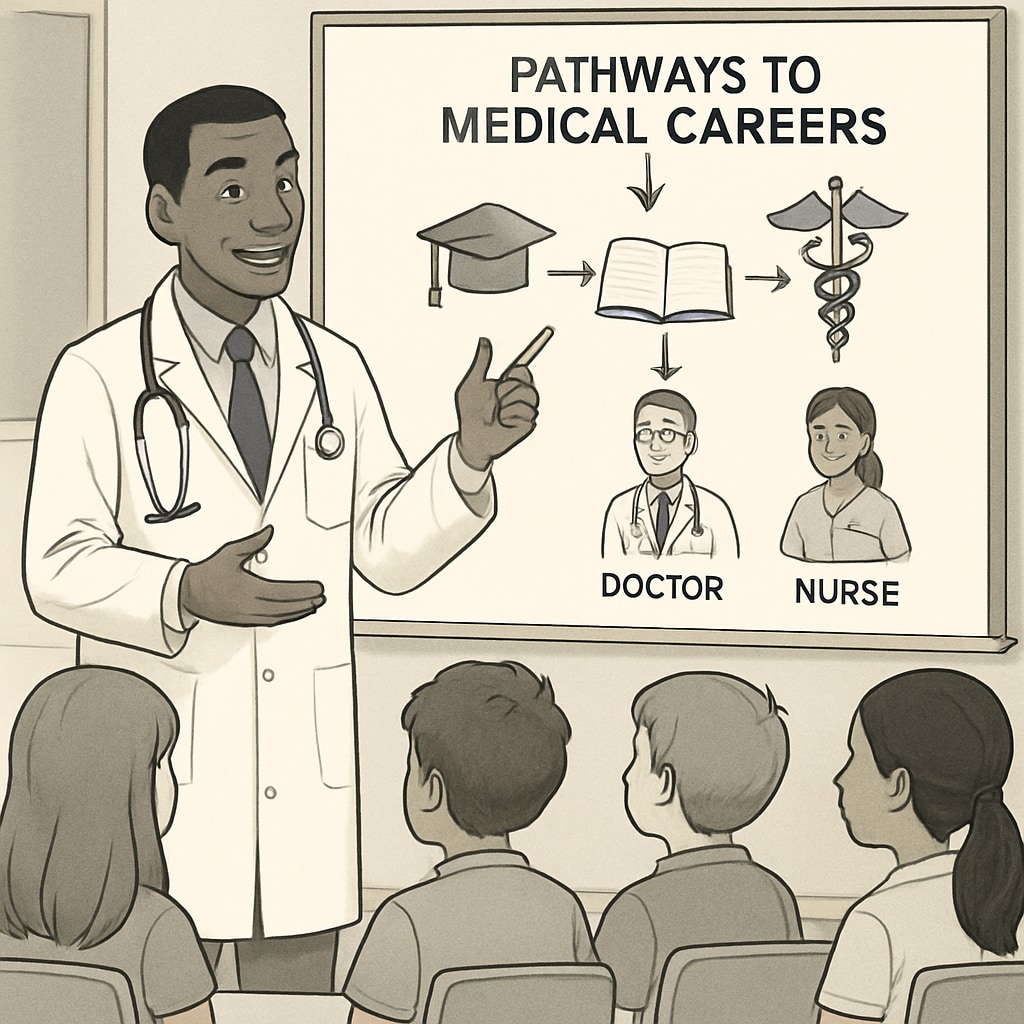 Doctor speaking to K12 students about medical careers and school programs.