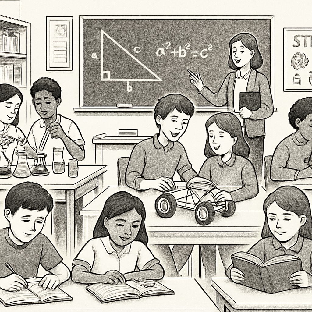 A classroom setting where students are engaged in both STEM-based projects and traditional academic learning, representing the integration of CTE and traditional subjects. Students in a classroom combining STEM projects with traditional academic learning.