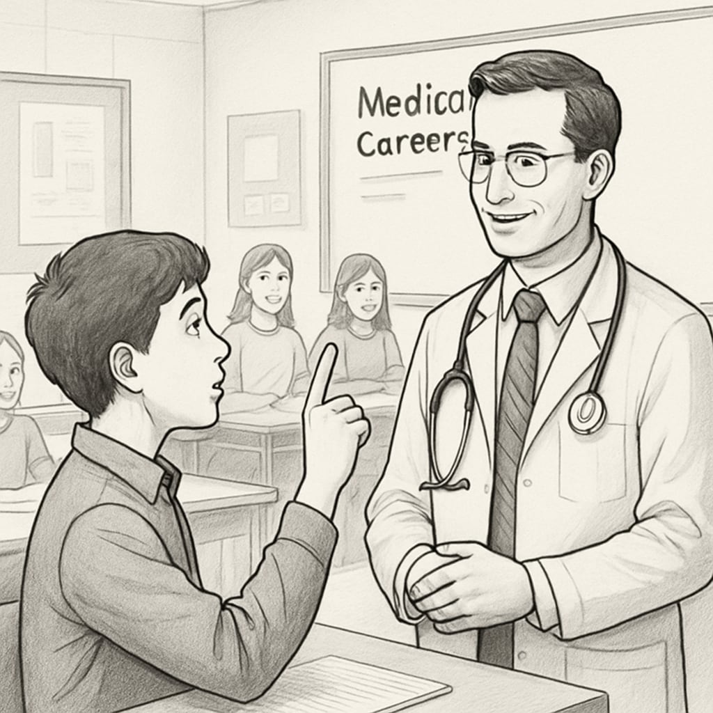 K12 student interacting with a doctor during a career exploration workshop.
