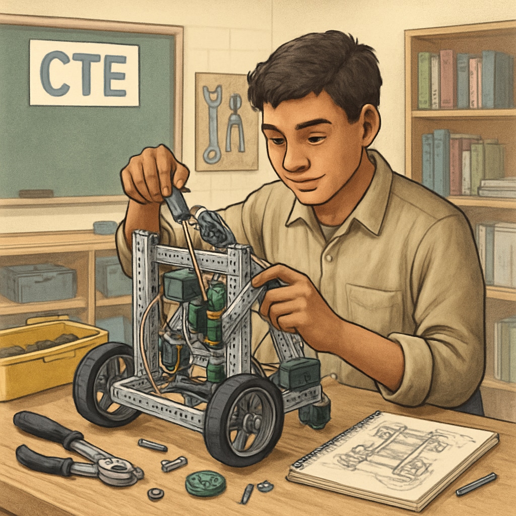 A student working on a robotics project in a CTE classroom, showcasing hands-on technical learning. Student working on robotics project in a CTE classroom.