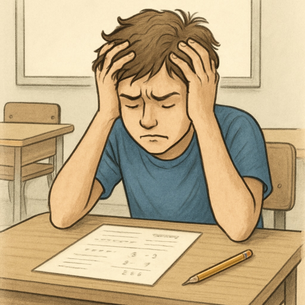 Student stressed during math exam, showcasing effects of math anxiety and exam pressure.
