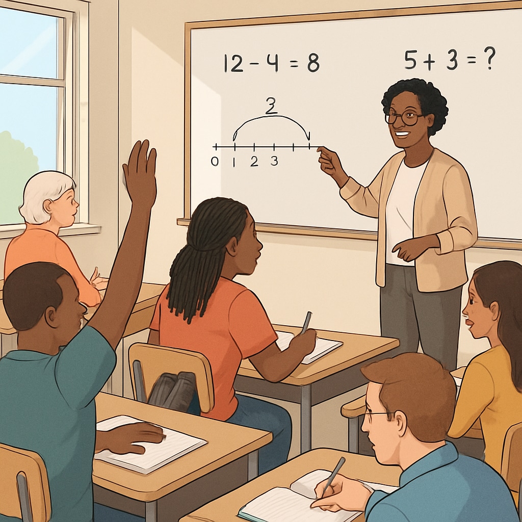 A diverse classroom with adult learners engaged in a foundational math lesson. Adult students in a classroom learning foundational math concepts.