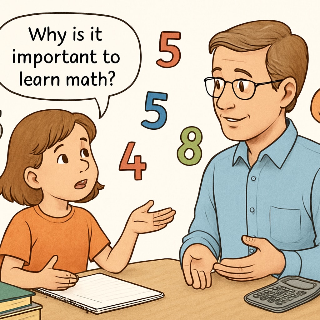 A child asking an adult about the importance of learning math, with books and numbers around them. The image includes a notebook, calculator, and a curious expression on the child's face. A visual representation of a child learning math and asking questions about its importance.