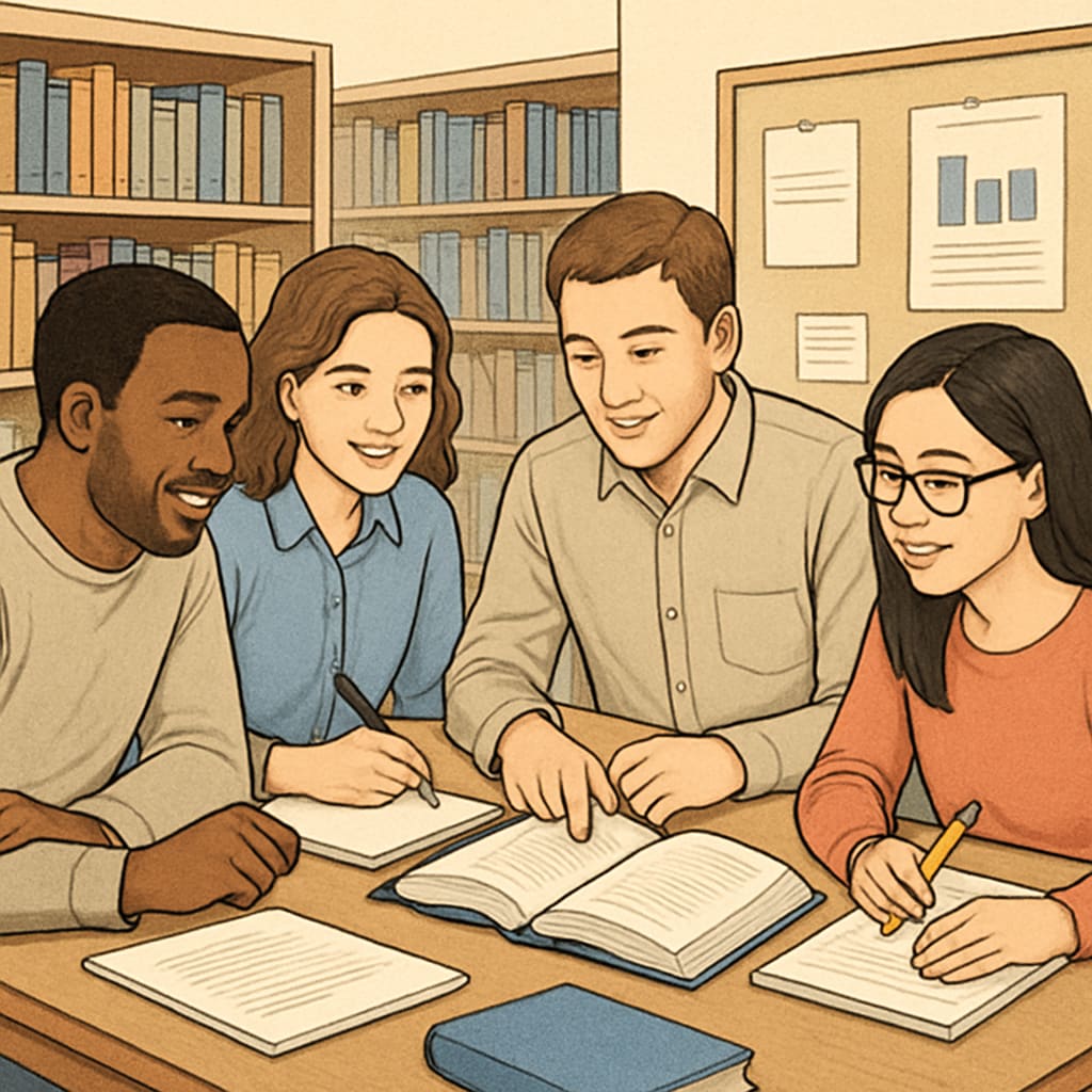 A group of adult students in a library discussing a project together. Adult learners collaborating on a project in a library setting.