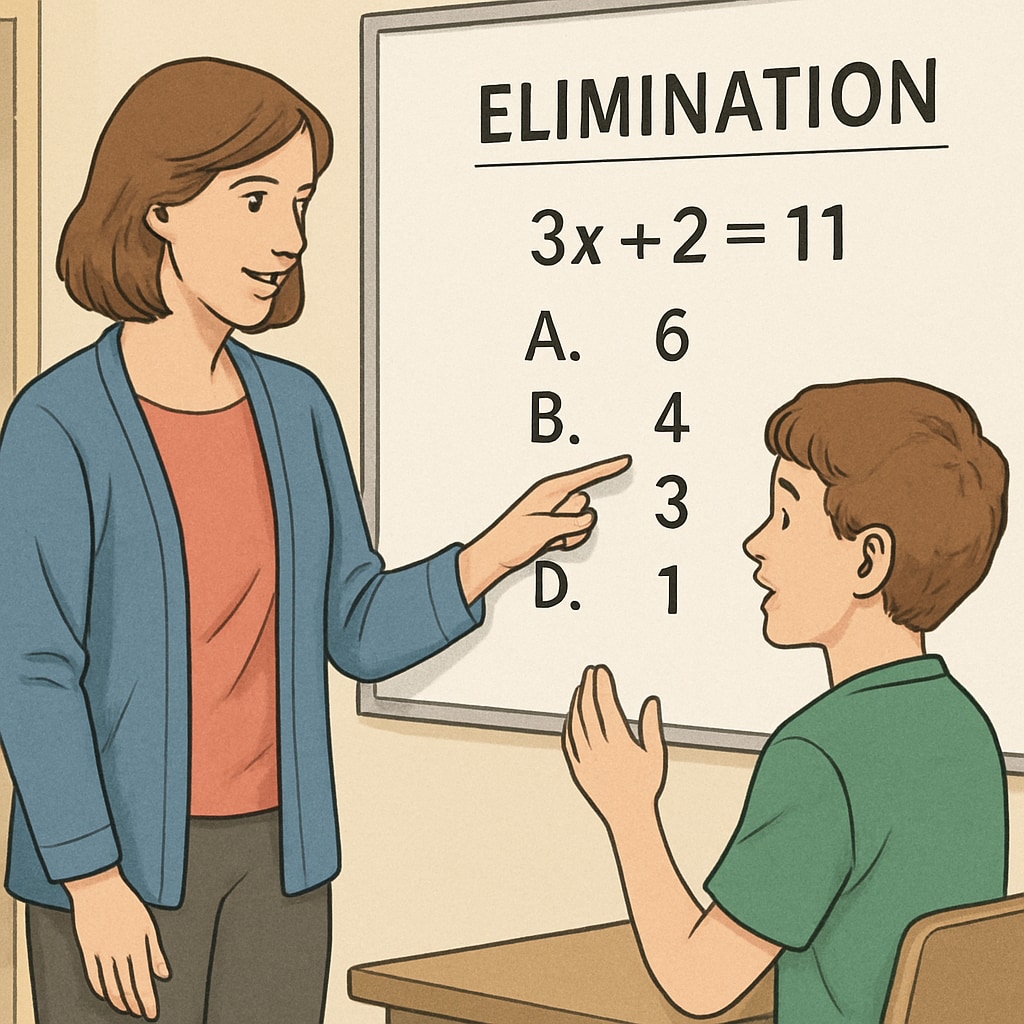 A teacher helping a student overcome anxiety by teaching strategies for math multiple-choice questions.