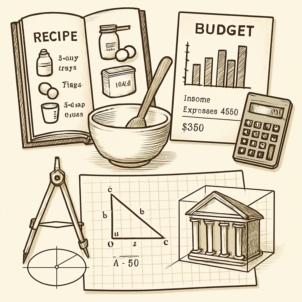 An example showing real-life applications of math, such as budgeting, cooking, or architecture. The image includes visuals of a recipe book, a budget chart, and geometric drawings. Examples of real-life math applications, including cooking, budgeting, and design.