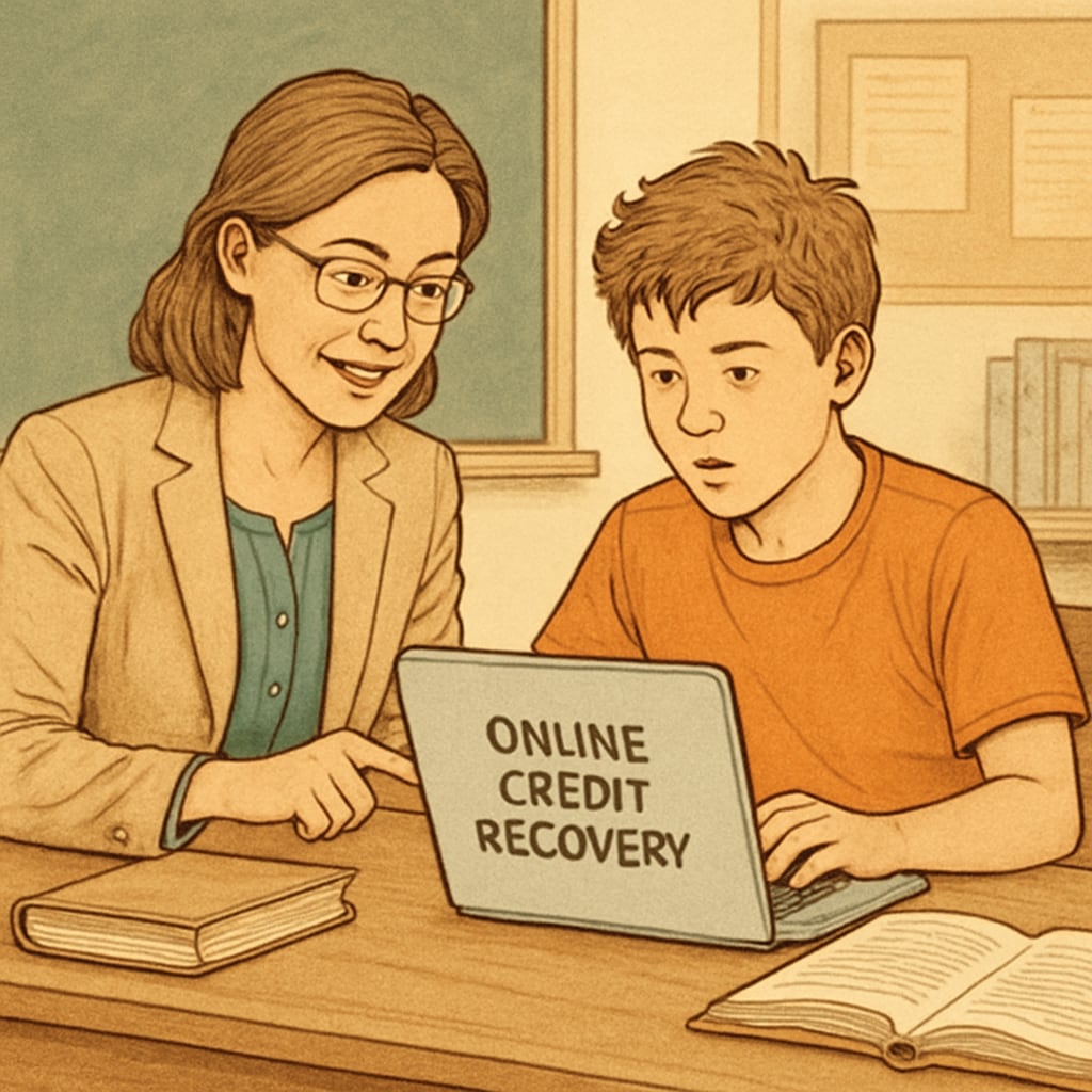 Teacher assisting ADHD student with online credit recovery strategies.