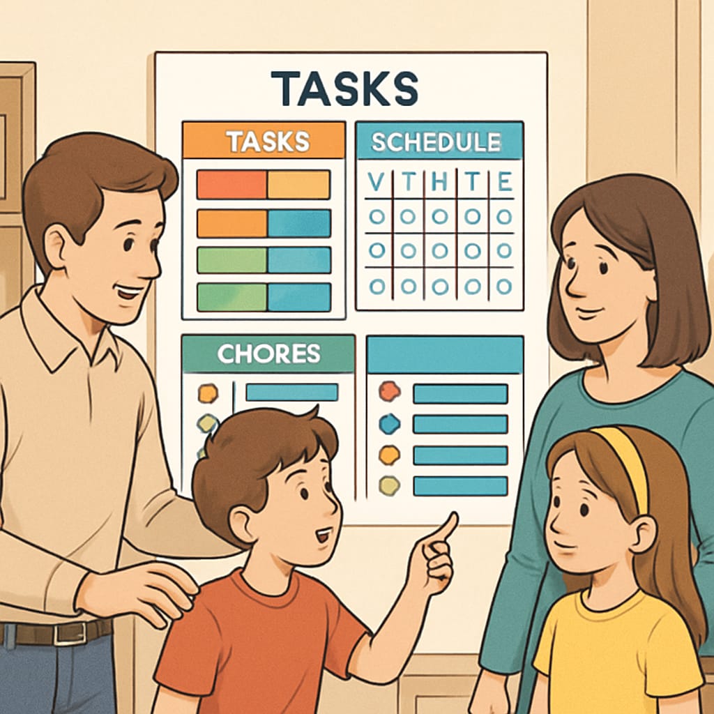 Family using a task management chart to support executive function development in a child with ADHD.