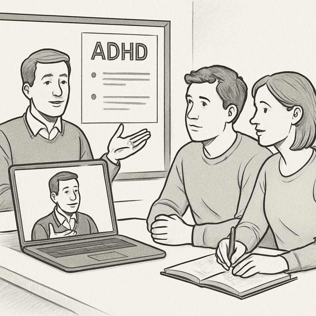 Parents attending an online summit workshop on executive function strategies for children with ADHD.