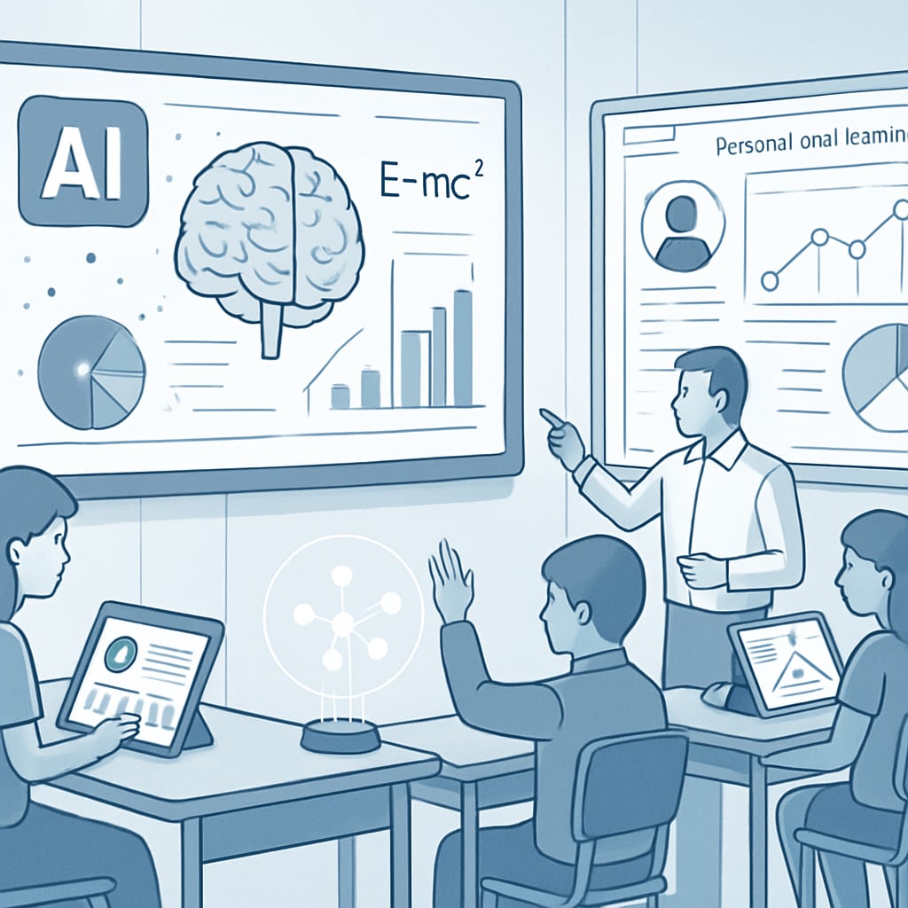 A futuristic classroom setting featuring AI-driven tools, such as interactive screens, personalized learning algorithms, and virtual collaboration devices. AI-driven tools transforming K12 education in a futuristic classroom setting by 2030.