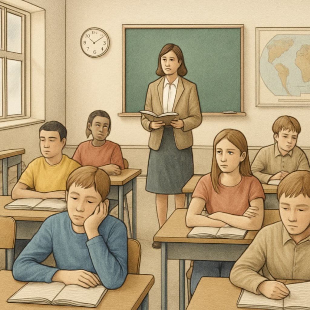 A classroom setting showing disengaged students sitting at their desks, with minimal interaction between peers or with the teacher. Students bored in a classroom environment, illustrating lack of engagement in lessons