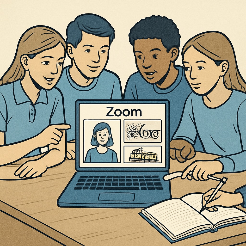 A close-up of students collaborating on a Zoom activity, analyzing detailed images to uncover hidden connections. Students working on Zoom activity to uncover hidden connections and patterns.