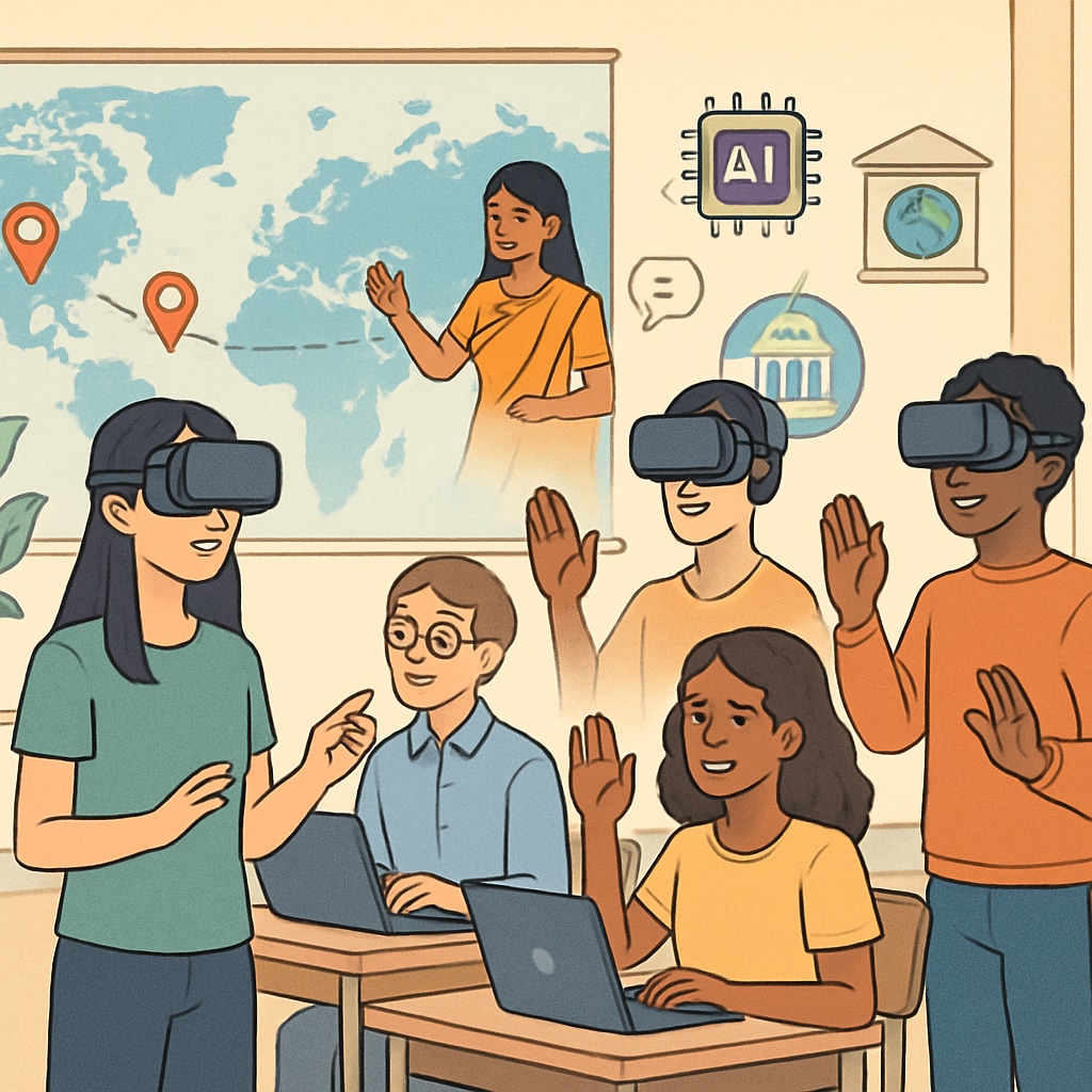 Students interacting with AI-driven virtual reality tools that enhance cross-cultural learning and collaboration, illustrating global education trends. Students using AI-driven VR tools for cross-cultural learning in the future of K12 education.