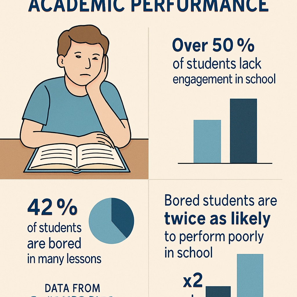 An infographic visually representing the link between student boredom and academic performance, including key statistics from global studies. Infographic showing effects of student boredom on education outcomes