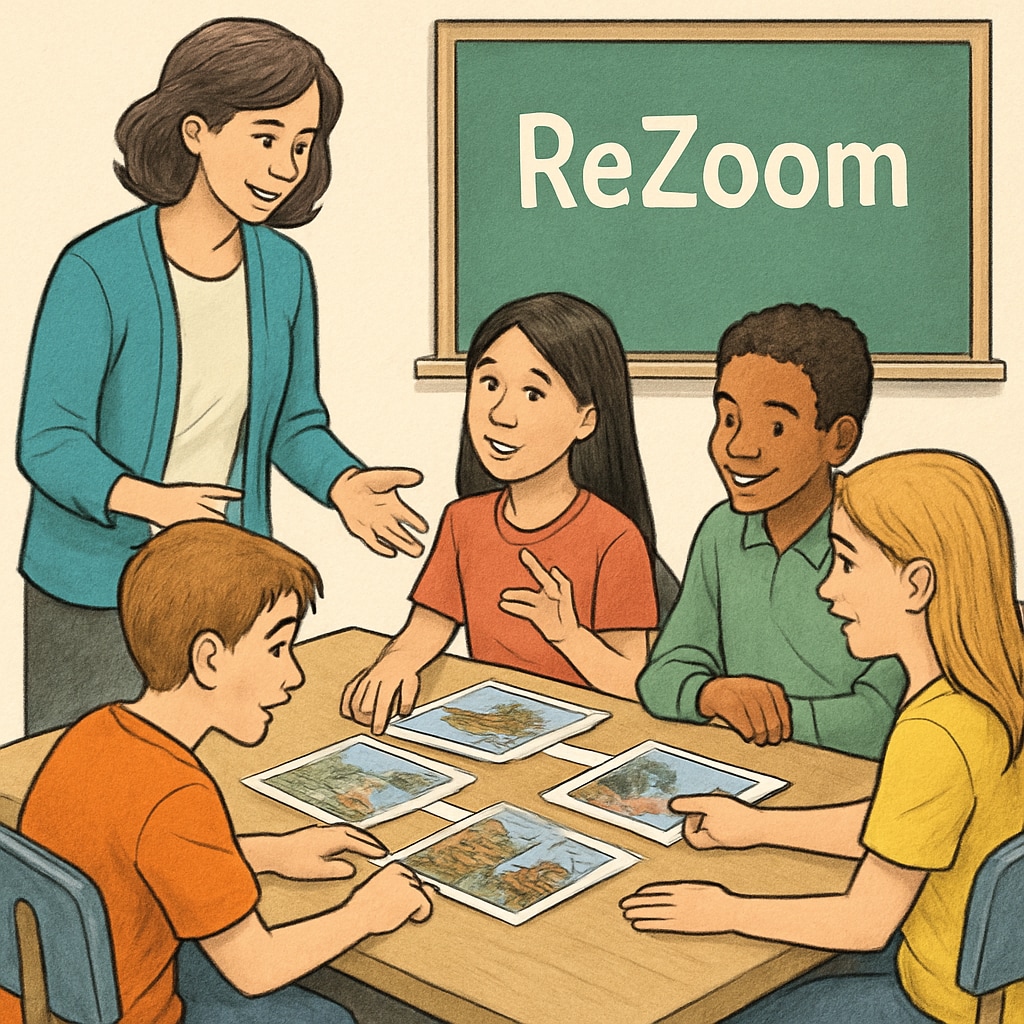 A teacher guiding students as they work on a ReZoom activity, emphasizing the importance of logical connections and group collaboration. Teacher assisting students with ReZoom activity, focusing on teamwork and reasoning.