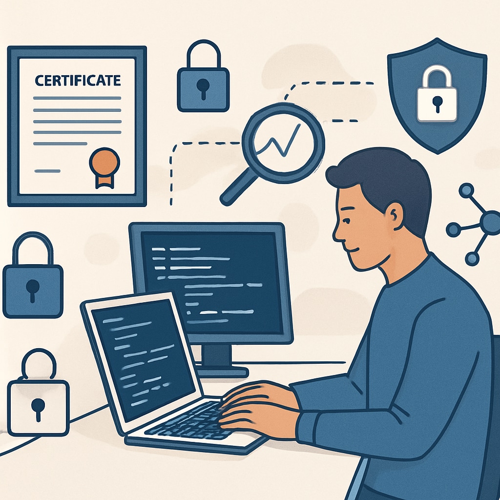 Cybersecurity professional working on tools, emphasizing certifications.