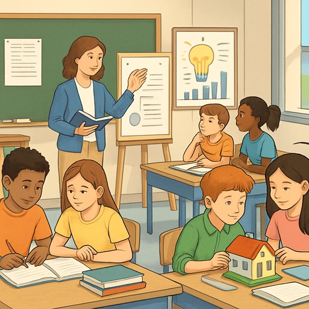 A classroom setting where students are engaged in collaborative and project-based learning. Collaborative classroom learning for holistic education assessment