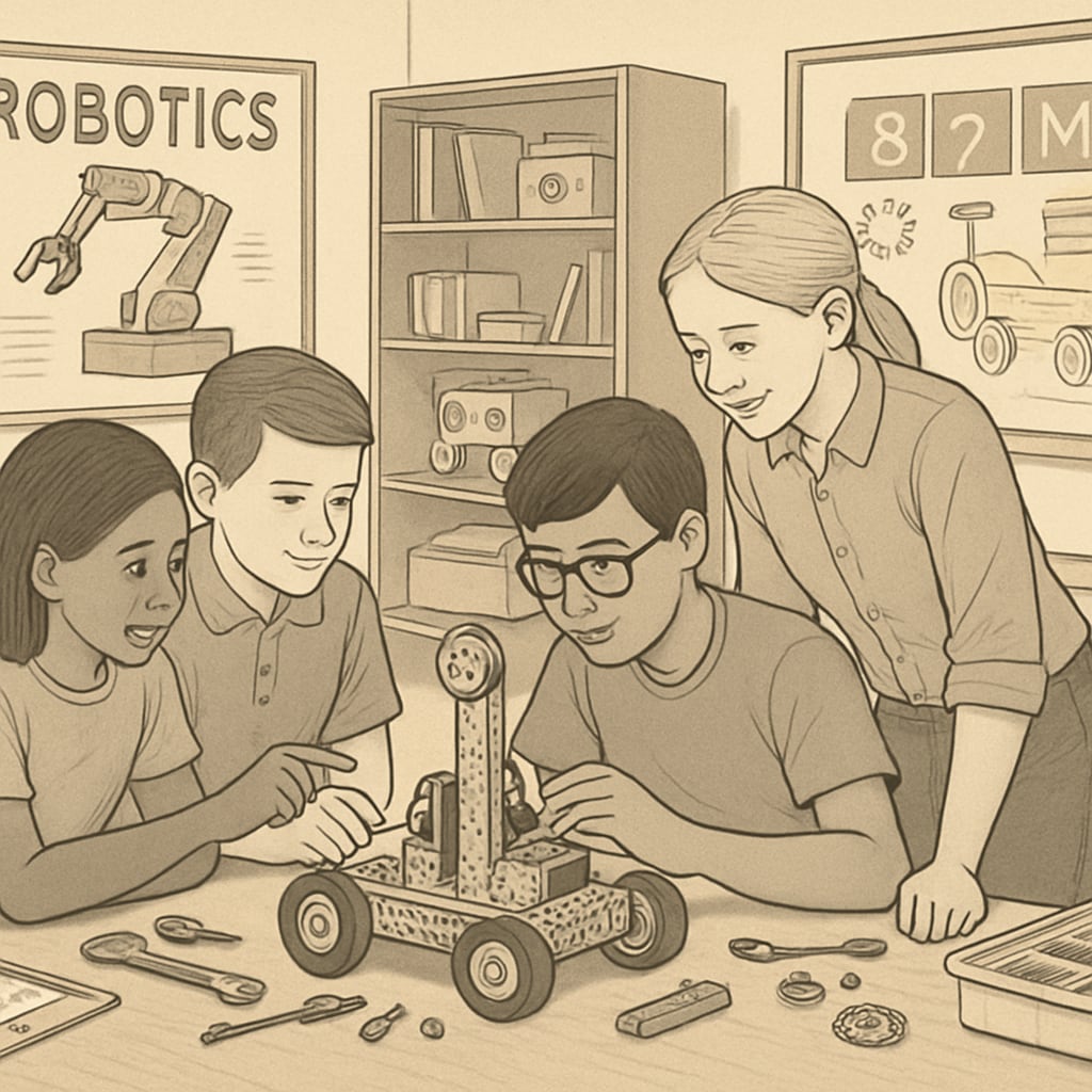 A group of K12 students working together on a robotics project in a classroom setting. The image highlights the importance of early exposure to STEM subjects in fostering interest in design engineering. K12 students collaborating on a robotics project, representing early STEM education.