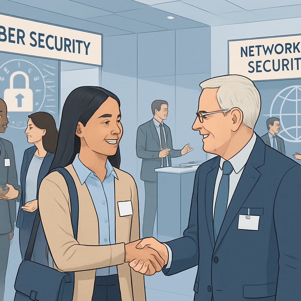 Graduate networking at a cybersecurity conference, promoting career growth.