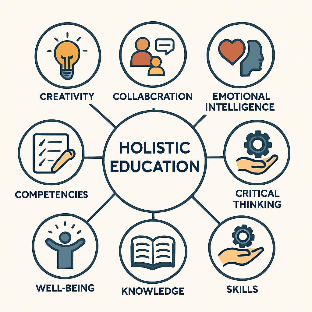 An infographic showing components of holistic education assessment, such as creativity, collaboration, and emotional intelligence. Holistic education assessment infographic