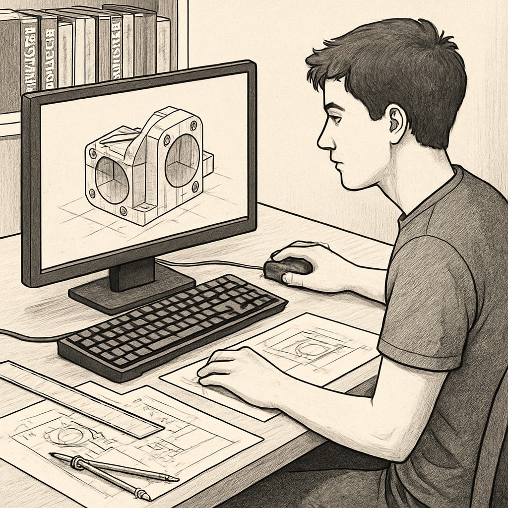 A university student working on a CAD (computer-aided design) project. This image emphasizes technical skills gained through design engineering degrees. University student using CAD software to work on a design engineering project.