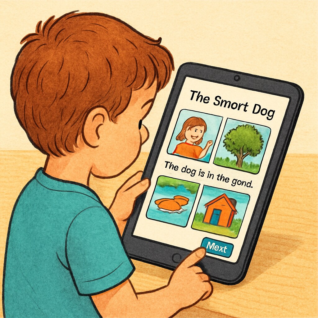 A child using an Android tablet to explore a vibrant reading app. The screen features colorful illustrations and interactive story elements. Child using an Android tablet with a children's reading app on the screen.