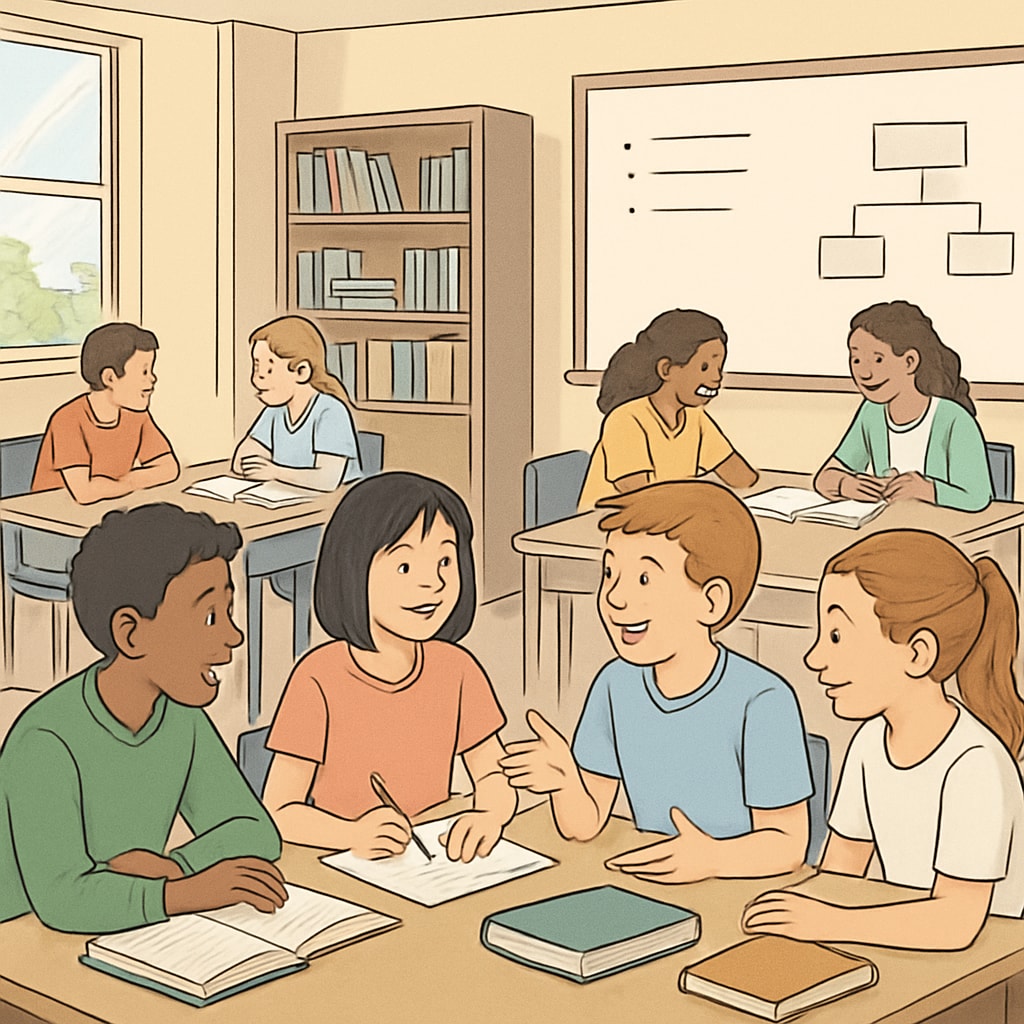 A classroom scene where students are actively collaborating, representing the shift from traditional grades to skill-based assessment. Students engaged in collaborative learning, symbolizing alternative assessment methods.