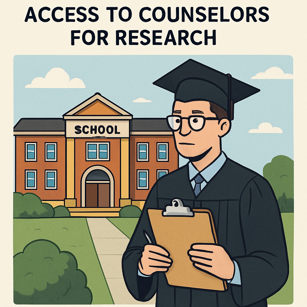 A photo of a graduate student holding a clipboard, standing outside a school, representing the challenge of accessing counselors for research. Graduate student outside a school holding a clipboard for school counseling research interview