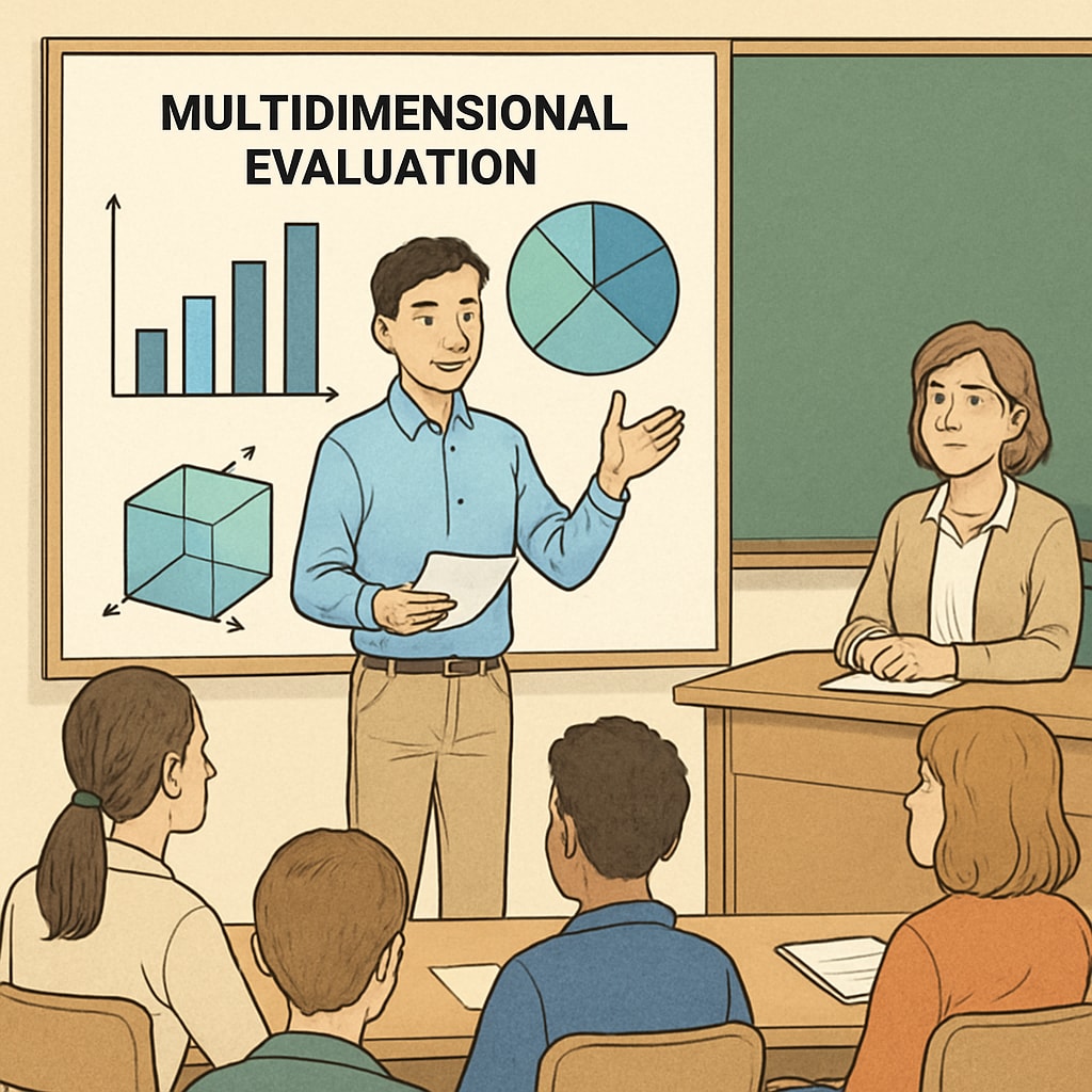 A student presenting a project to peers and teachers, illustrating the concept of multidimensional evaluation. A project presentation showcasing multidimensional evaluation in education.