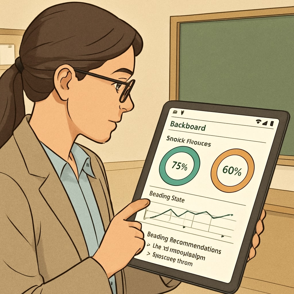 A teacher reviewing an app’s dashboard on an Android tablet, showing detailed progress charts and personalized reading recommendations for students. Teacher using an Android app dashboard to track reading progress for children.