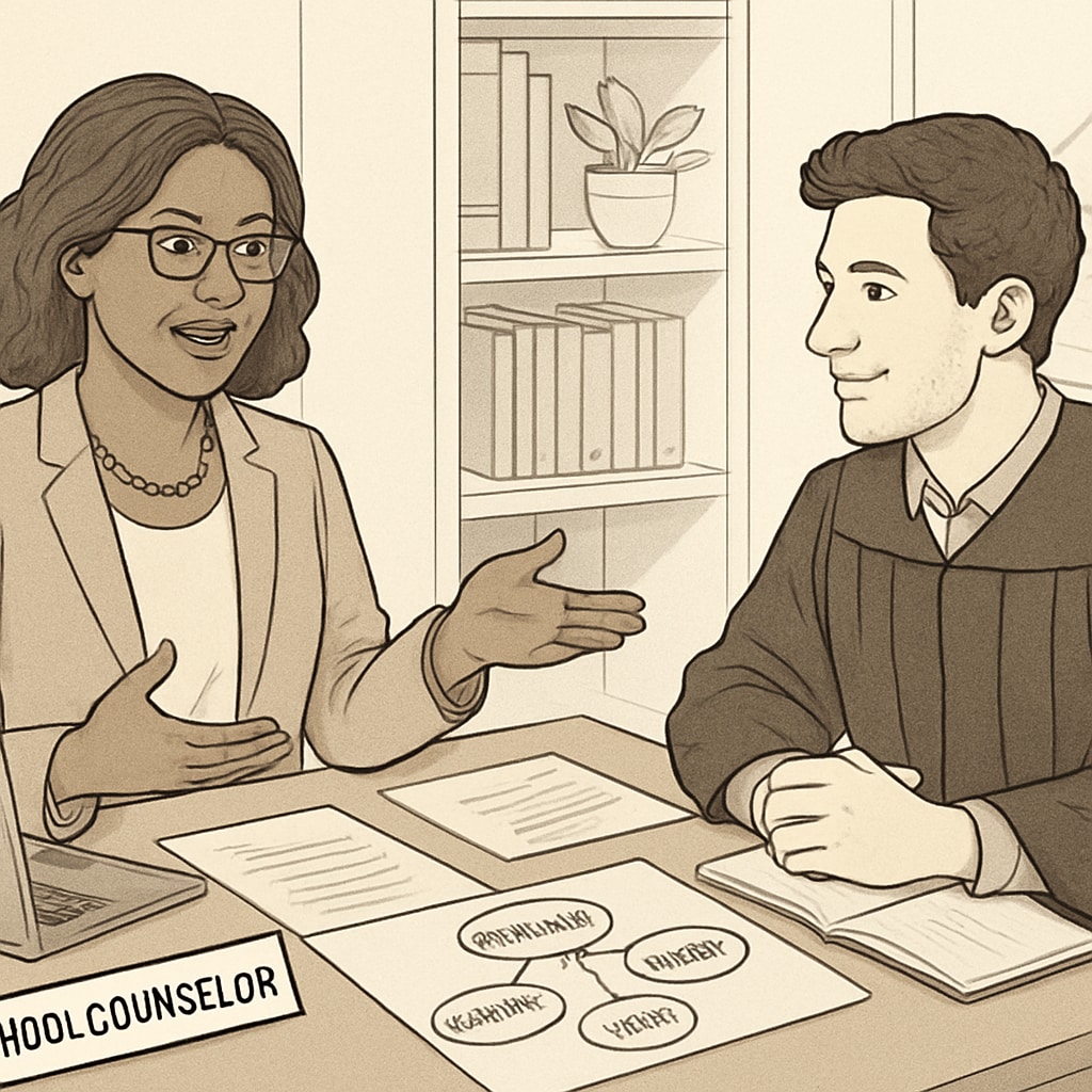 A collaborative meeting between a graduate student and a school counselor, symbolizing effective strategies to overcome barriers and facilitate research. Graduate student and school counselor collaborating for educational research