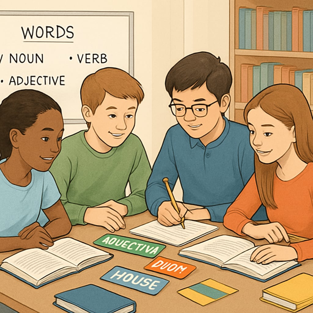 Students working collaboratively on a language activity inspired by Classroom activity based on