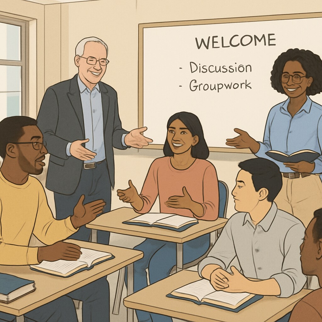 U.S. university classroom with diverse students discussing educational topics.