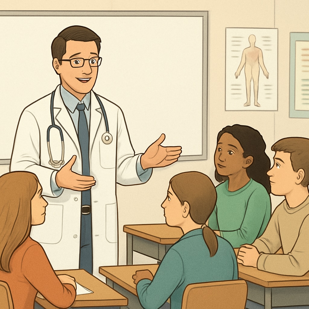 Medical practitioner speaking to high school students during a career interview.