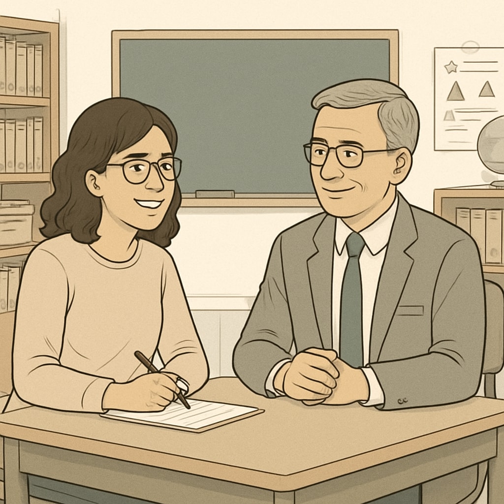 A graduate student conducting an interview with a school counselor in a classroom setting. Graduate student interviewing a school counselor in a classroom.