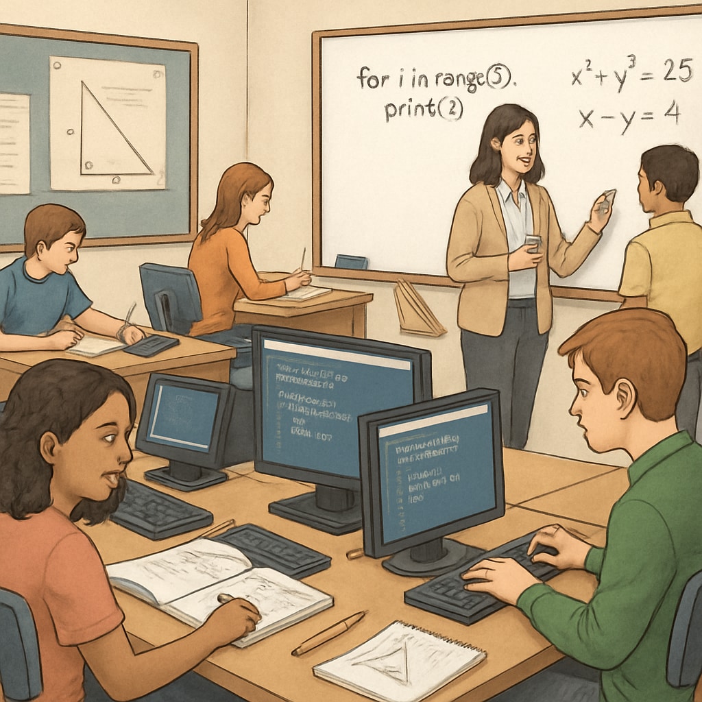 A high school classroom where students are engaged in both coding and math exercises, representing the integration of CTE and traditional academics. Students learning coding and math in a classroom, showcasing CTE and traditional education integration.