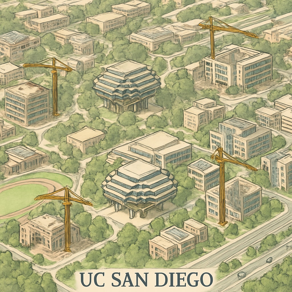 Aerial view of UC San Diego campus with new construction projects underway, reflecting the university’s expansion plan. UC San Diego campus expansion with construction projects.