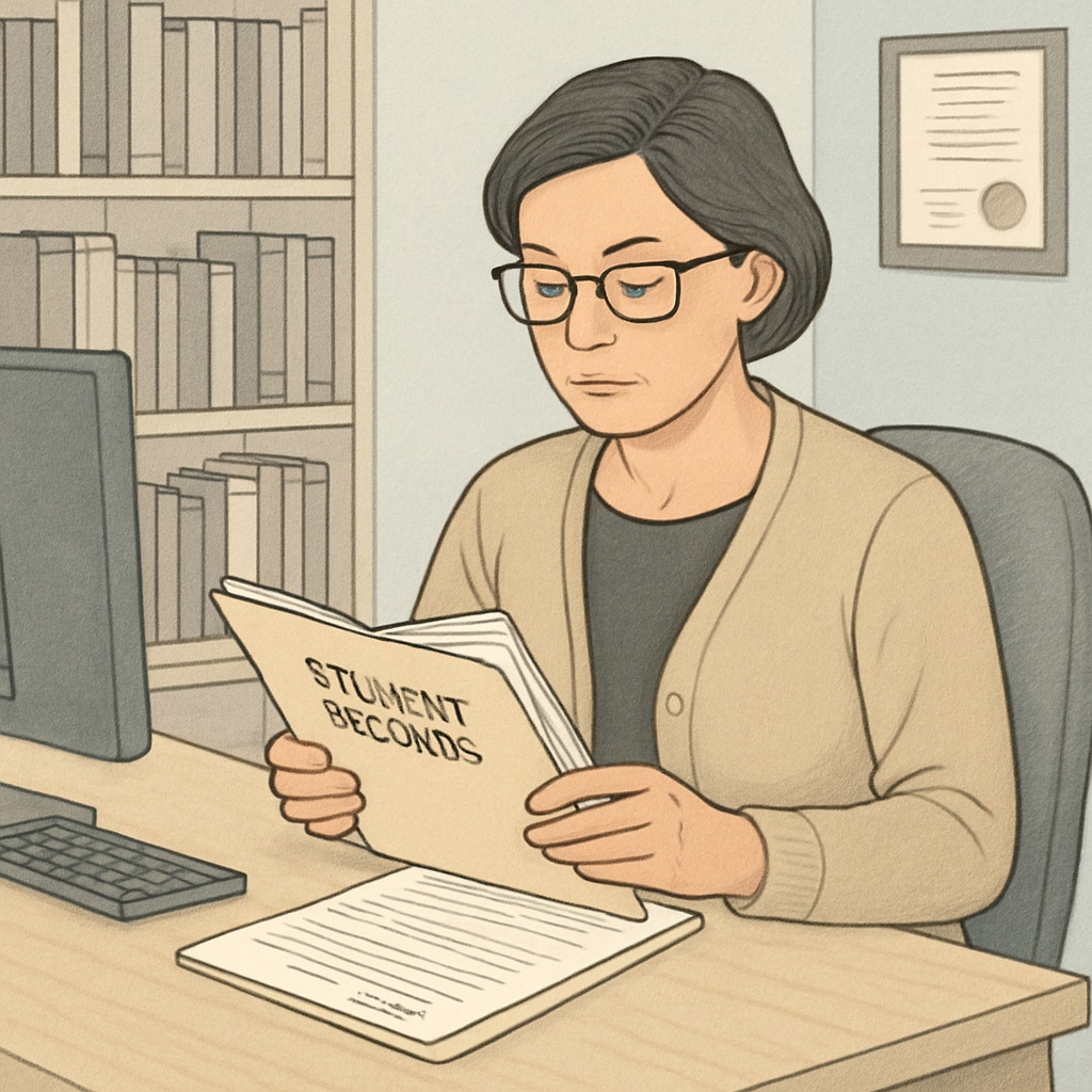 A school counselor reviewing student records in a private office, highlighting confidentiality in their work. School counselor reviewing confidential student records in an office.
