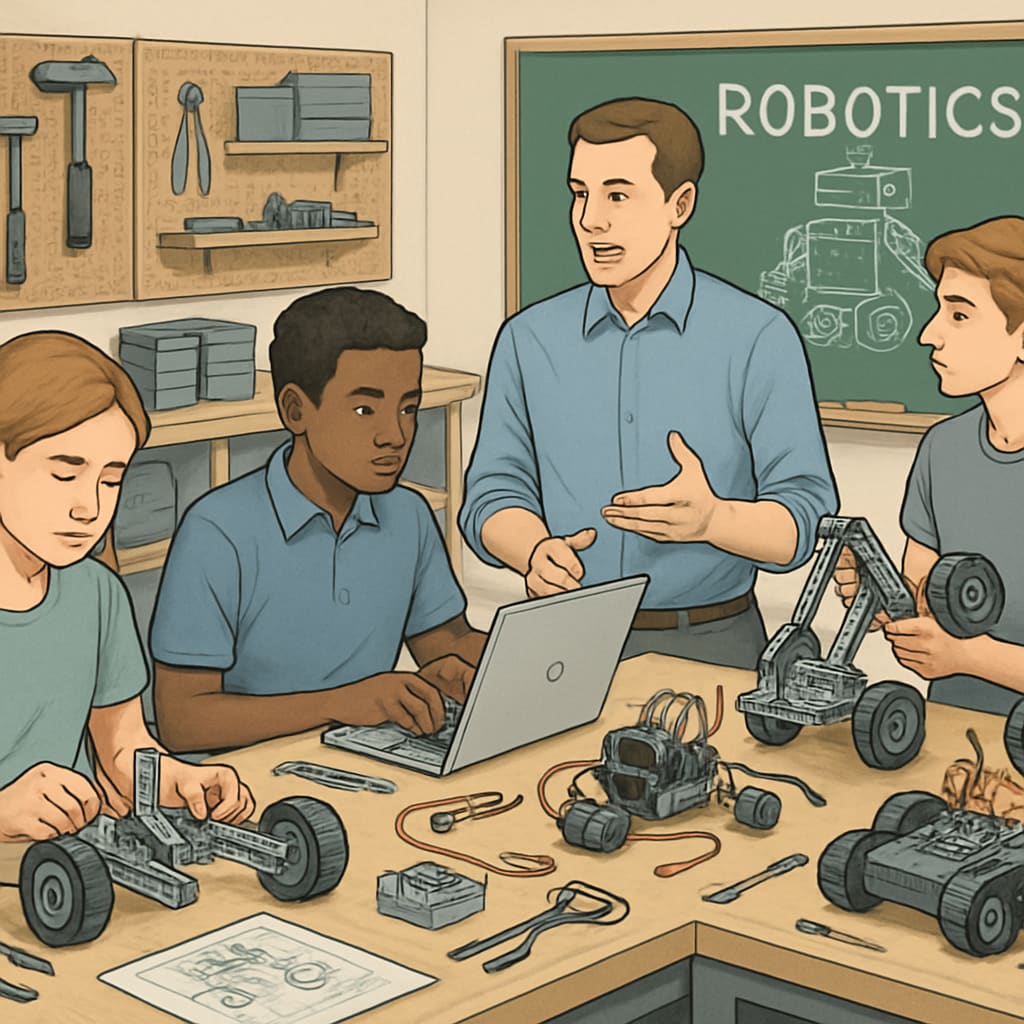 A workshop where students are working on robotics projects, guided by a teacher, highlighting hands-on learning in CTE. Students in a workshop working on robotics under teacher guidance, exemplifying CTE methods.